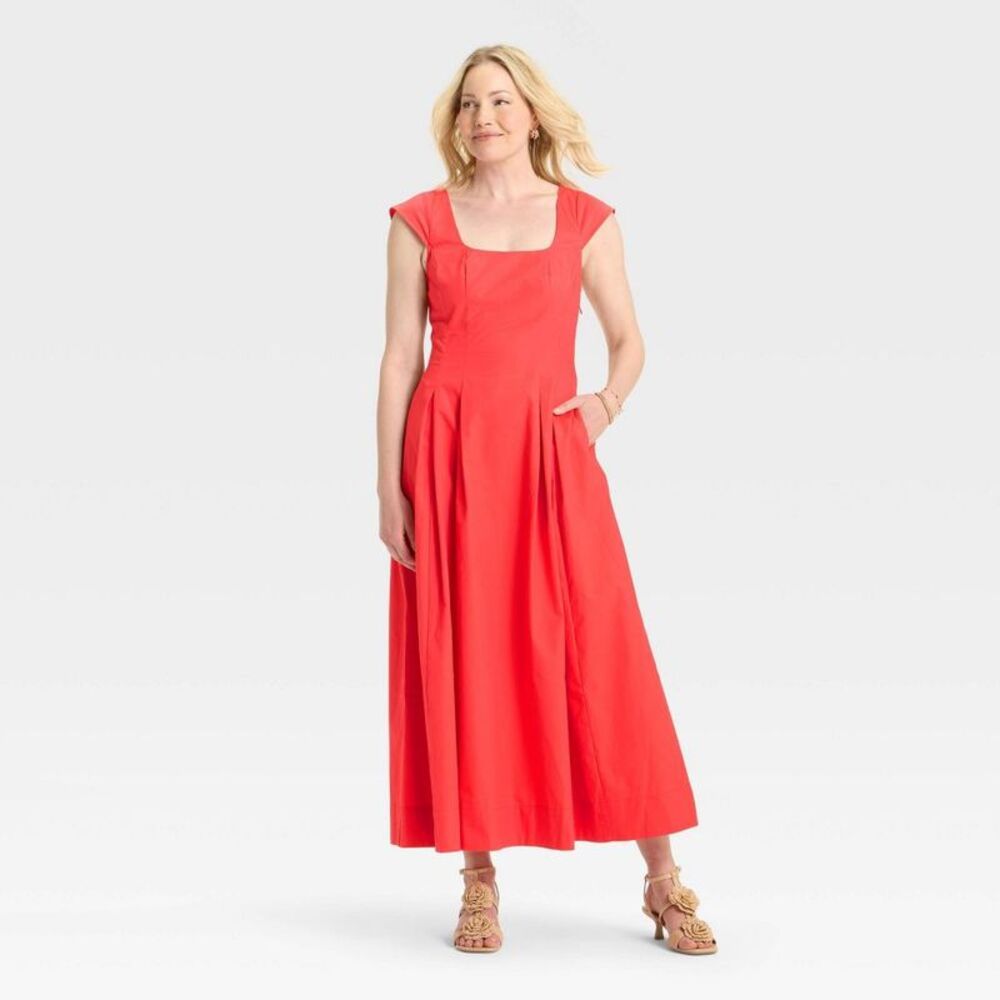 A New Day - Women's Poplin Midi Dress - A New Day Coral 12 Coral